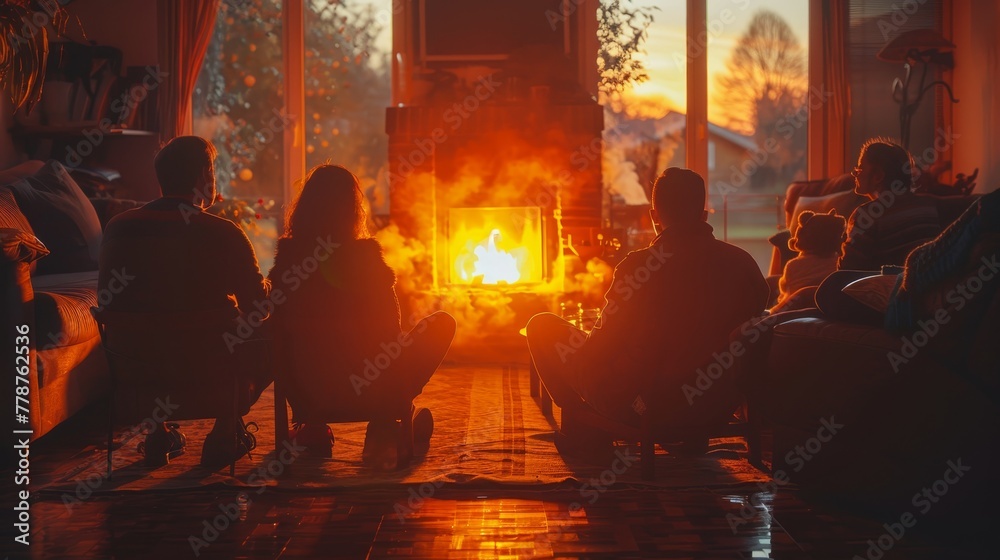 Obraz premium A group of people are sitting around a fireplace, enjoying the warmth and the company. The room is cozy and inviting, with a rug on the floor and a few potted plants scattered around