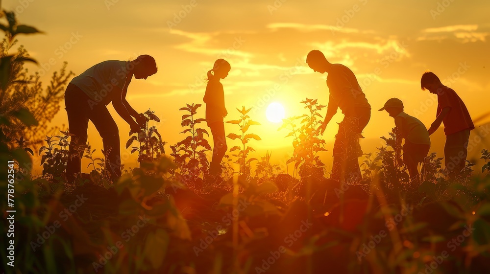A group of people are working in a field at sunset. Scene is peaceful and serene, as the sun sets in the background. The people are focused on their work, and the field is filled with plants and trees