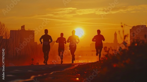 Four runners are running in the street at sunset. The sun is setting in the background, casting a warm glow over the scene. The runners are wearing athletic gear and appear to be in good shape