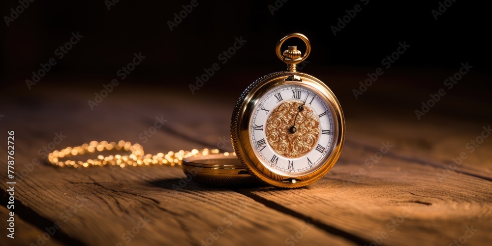 With an aura of classic charm, a gold pocket watch featuring Roman numerals rests gracefully atop a wooden table. - obrazy, fototapety, plakaty 