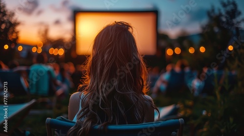 A woman sits in a chair in front of a movie screen. The woman is wearing a white shirt and has long hair. The scene is set outdoors, with a group of people gathered around the screen photo