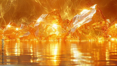   A collection of stones atop a tranquil lake beside a brilliant yellow backdrop  mirrored in the water s surface