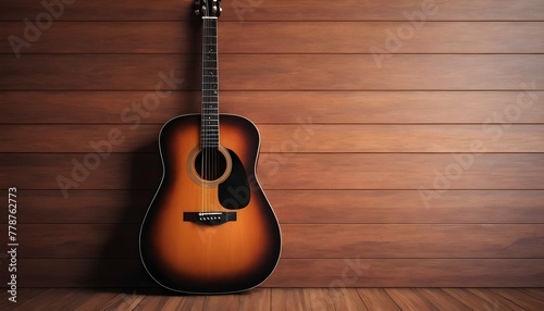 A-Classic-Acoustic-Guitar-Leaning-Against-A-Wooden- 2