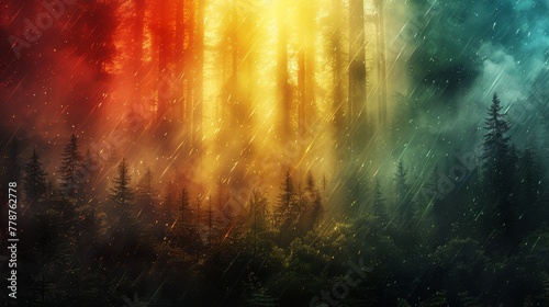  A forest brimming with numerous trees beneath a sky ablaze with white and yellow precipitation cascading from tree tops