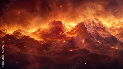  Mountain range engulfed in orange and yellow flames and billowing smoke against a dark backdrop #778762793
