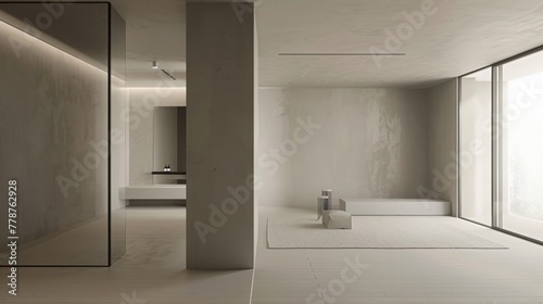 super minimal bedroom design with a front view of a separating wall between the bedroom and the bathroom