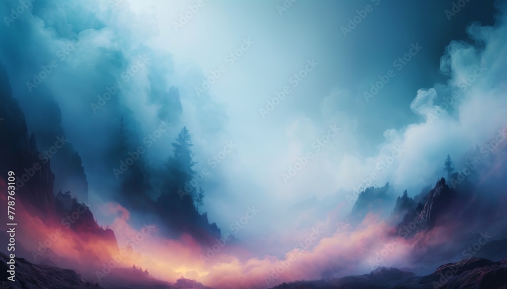 Obraz premium A digital artwork depicting a serene sunrise amidst towering misty mountains and ethereal clouds, conveying a sense of tranquility and awe. AI Generation
