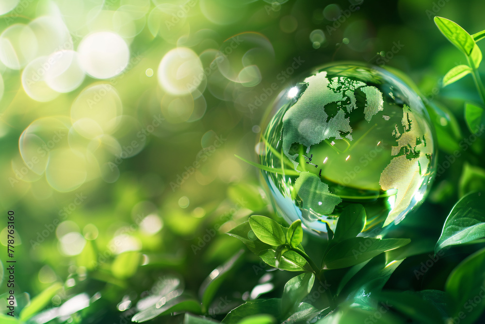 Green leaf with water drops and a transparent globe reflecting the sky Green leaf with water drops and a transparent globe reflecting the sky