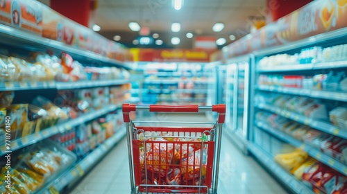 Full shopping cart in supermarket photo