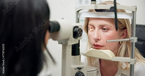Ophthalmology, woman and machine with laser for eye exam with vision test, consultation and slit lamp at optometrist. Patient, optical tool and glaucoma check for eyesight correction or retina health photo