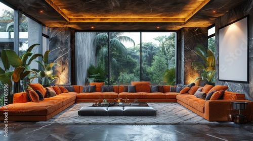  Orange couches fill the living room while a TV is mounted on wooden ceiling side