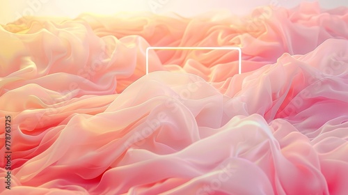   A white square frame sits atop a mound of pink and white fabric atop a bed of pink and white sheets © Shanti