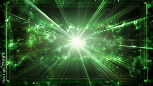   A green-and-black abstract image with a center square frame  surrounded by bright light rays emanating from within