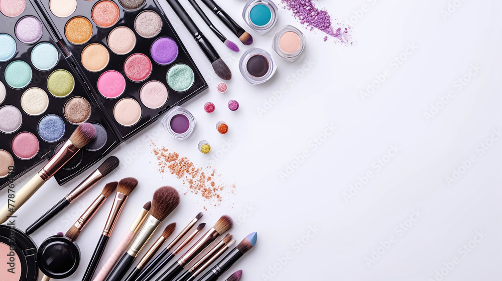 Decorative cosmetics and makeup brushes on a white background, top view Decorative cosmetics and makeup brushes on a white background, top view