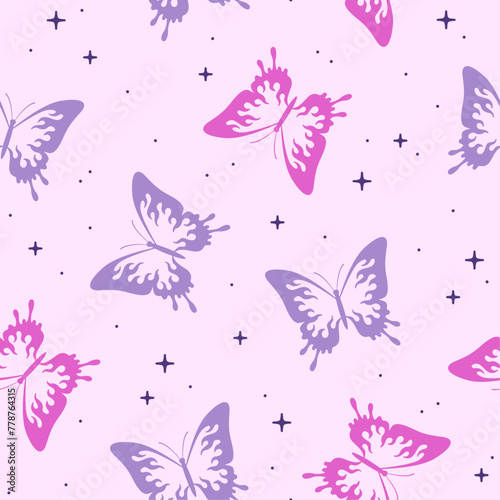 Seamless pattern with butterfly. Neo tribal tattoo. Hand drawn vector background.