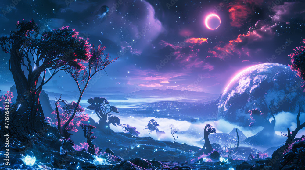 A dramatic alien planet night landscape