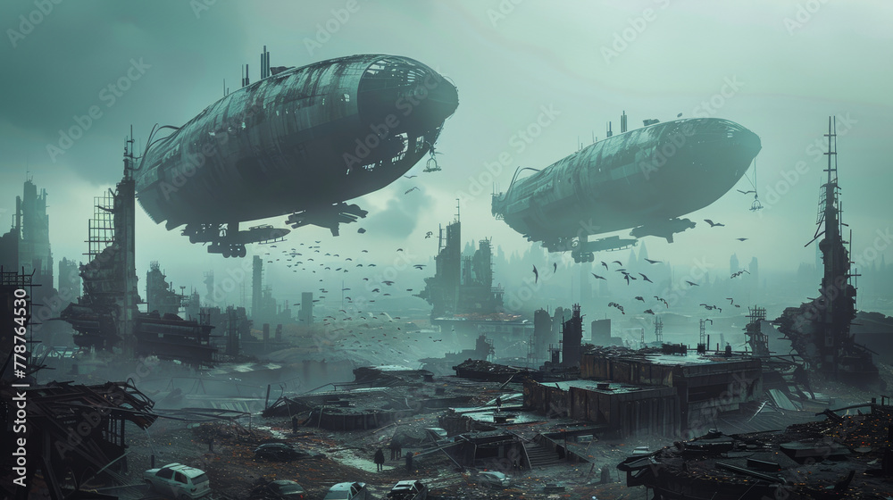 Post apocalyptic airships over damaged structures Post apocalyptic airships over damaged structures
