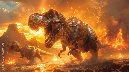 Fototapeta Fierce Theropod Hunters Amid Volcanic Chaos An Intense Prehistoric Drama