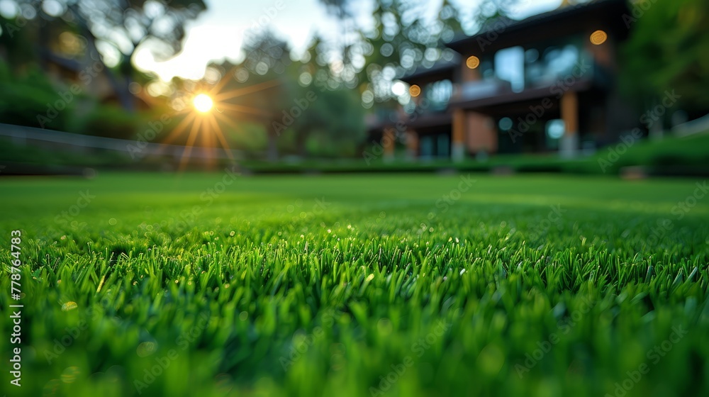   A close-up image of lush green grass, illuminated by golden sunlight filtering through trees, with a house in the distance