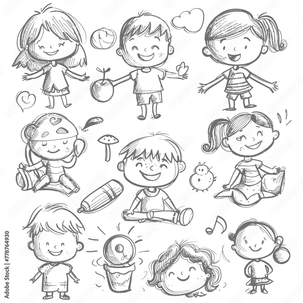 well hand drawing cute kids set doodle style illustration black color only
