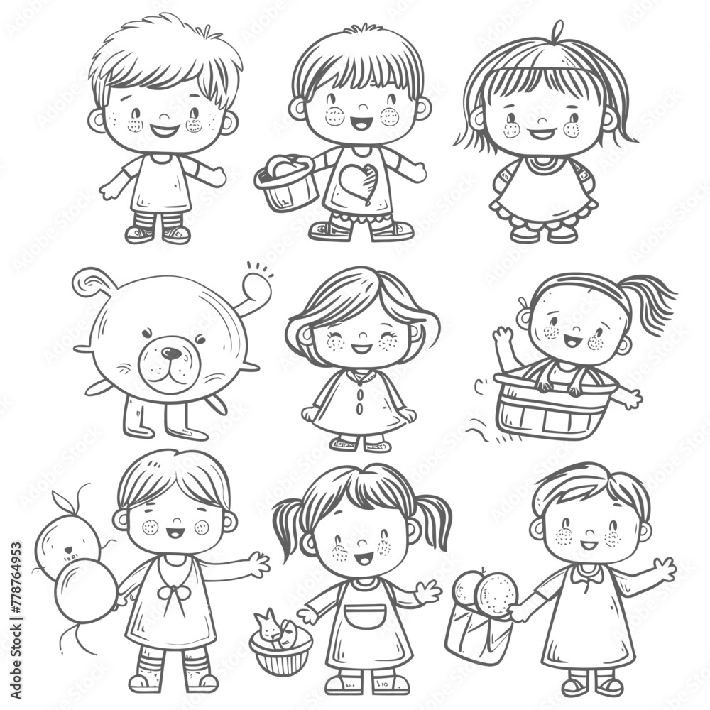 well hand drawing cute kids set doodle style illustration black color only