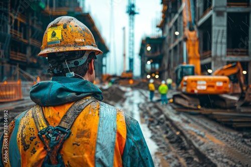 Construction Worker Overlooking a Busy Site