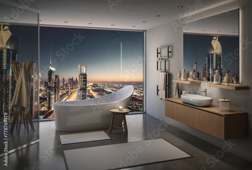 3d illustration of bathroom with skyline view at night