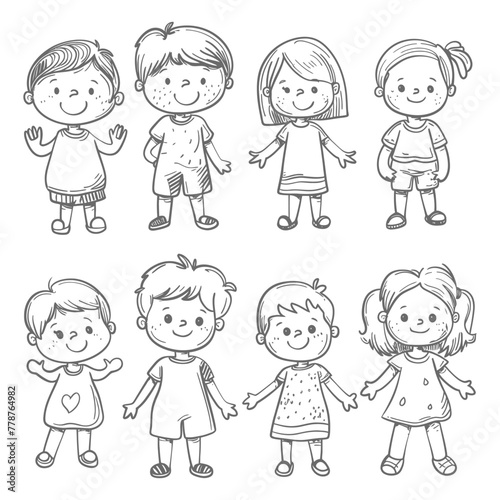 well hand drawing cute kids set doodle style illustration black color only