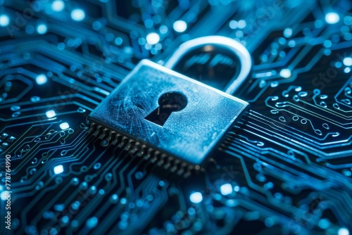 Conceptual Cybersecurity Lock on Circuit Board Background
