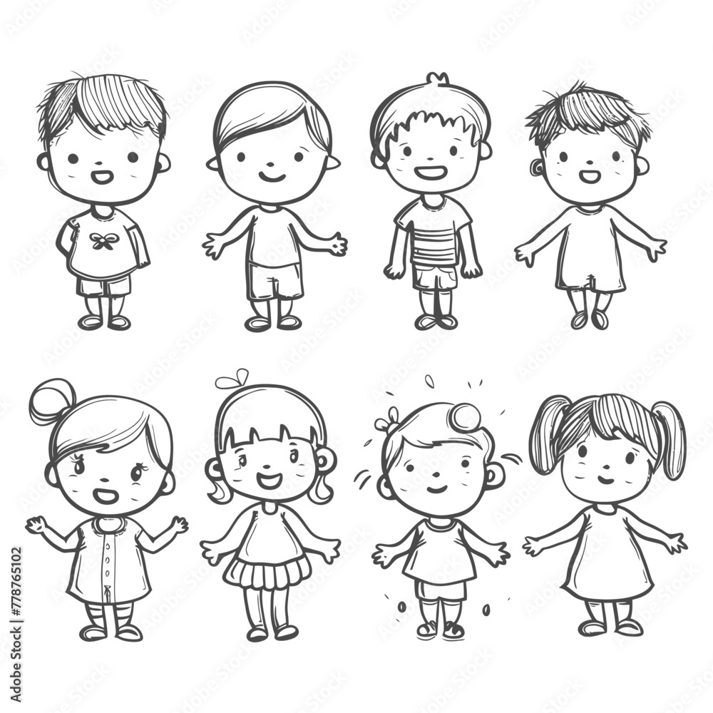 well hand drawing cute kids set doodle style illustration black color only well hand drawing cute kids set doodle style illustration black color only
