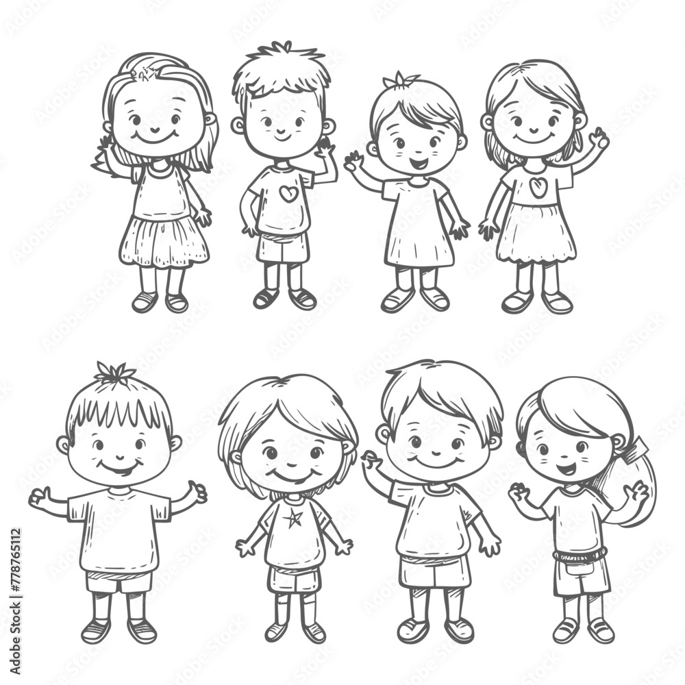 well hand drawing cute kids set doodle style illustration black color only