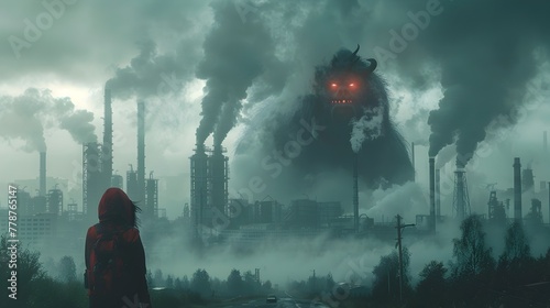 Mythological Creature Looms Over Polluted Dystopian Cityscape Highlighting Transition from Fossil Fuels