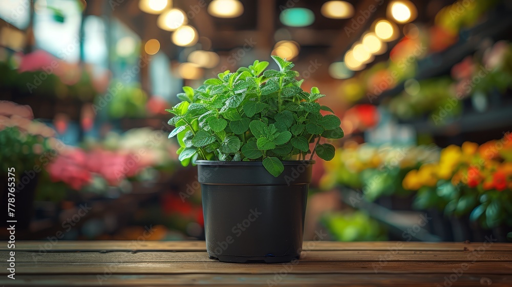 A pot on a wooden table, in front of a store full of pots A pot on a wooden table, in front of a store full of pots