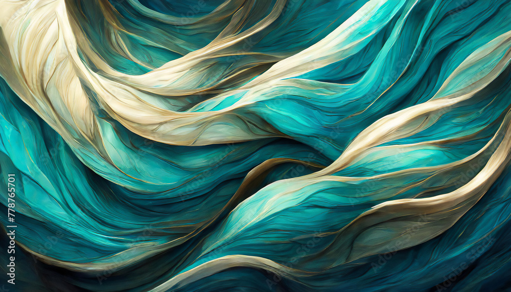 Elegant abstract waves of turquoise and gold fabric, creating a luxurious and artistic texture. Elegant abstract waves of turquoise and gold fabric, creating a luxurious and artistic texture.