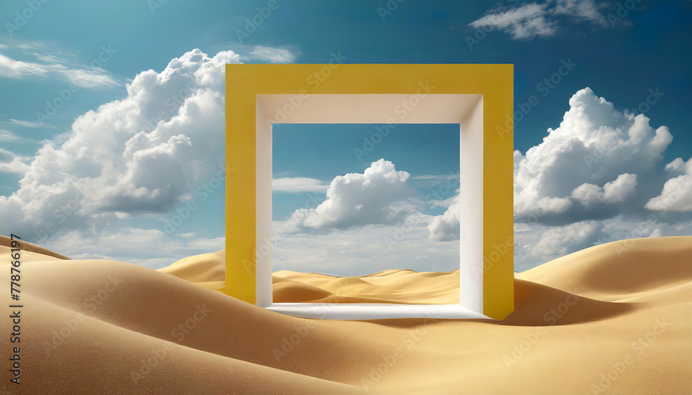 In a sandy desert, a large yellow frame stands vertically with a smaller white frame inside, forming a visual portal to a clear blue sky with fluffy clouds. AI generated. - obrazy, fototapety, plakaty 