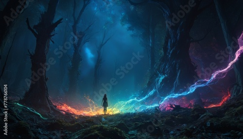 A figure stands enveloped in a mystical forest, with vibrant, colorful energy coursing through the woods under a hauntingly beautiful night sky.. AI Generation