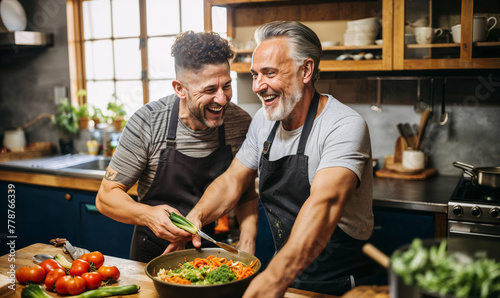 Blissful Gay Couple Talking and Cooking in Their Kitchen photo
