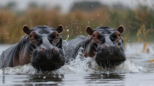 Hippo soaking in water. Hippopotamus looking at the camera.