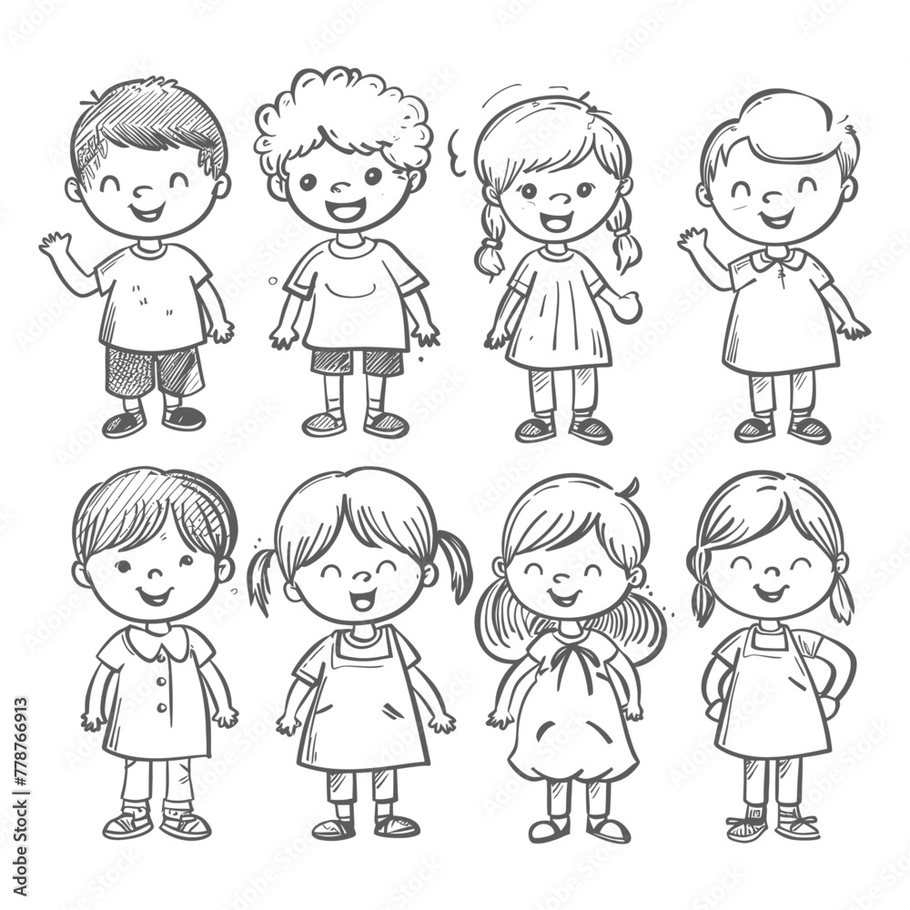 well hand drawing cute kids set doodle style illustration black color only well hand drawing cute kids set doodle style illustration black color only