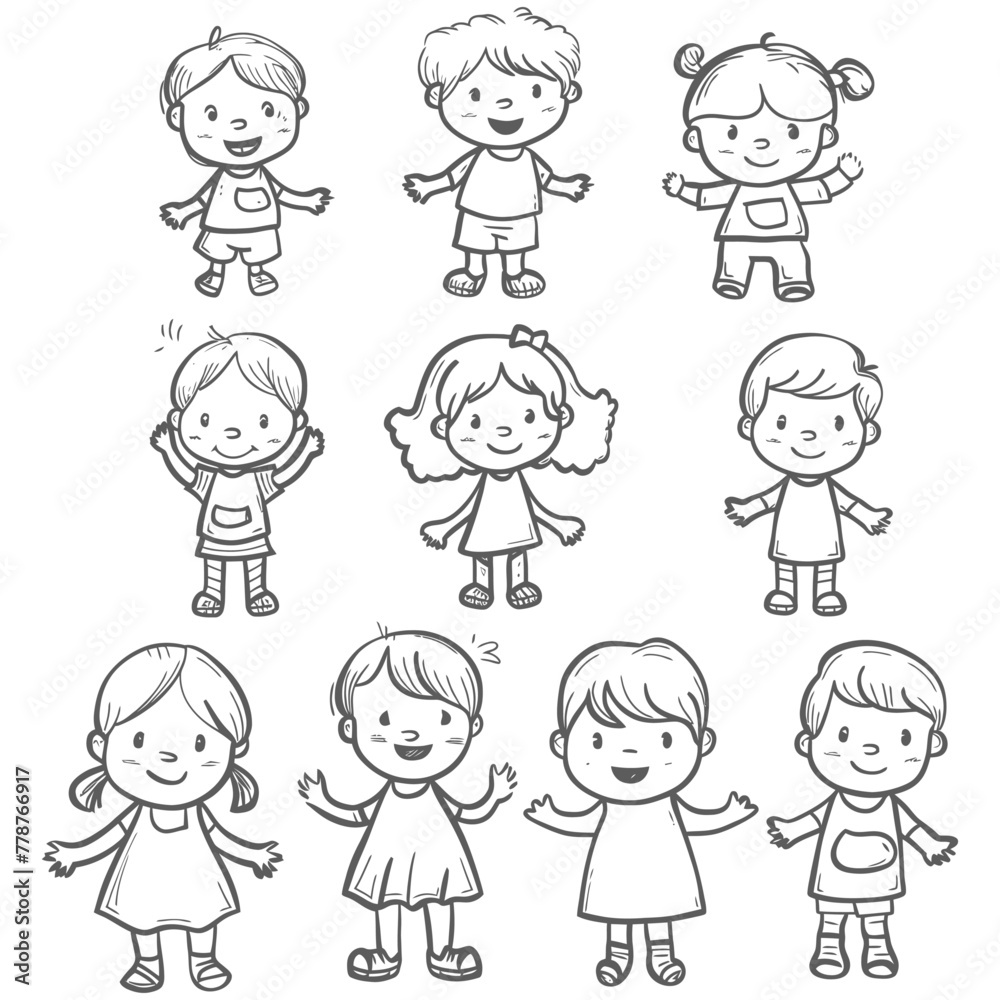 well hand drawing cute kids set doodle style illustration black color only well hand drawing cute kids set doodle style illustration black color only