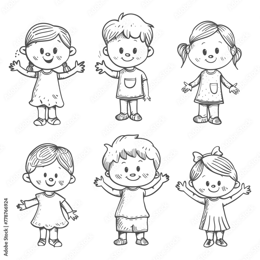 well hand drawing cute kids set doodle style illustration black color only