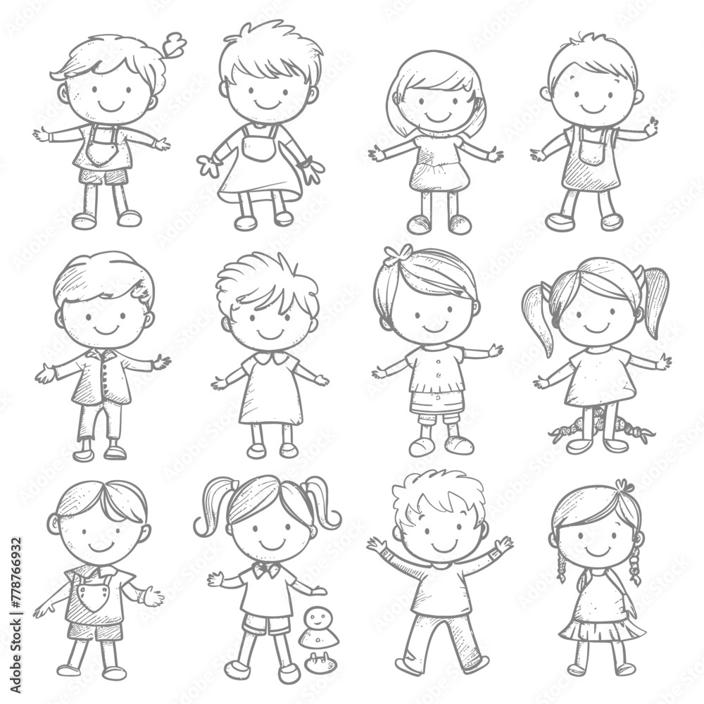 well hand drawing cute kids set doodle style illustration black color only well hand drawing cute kids set doodle style illustration black color only