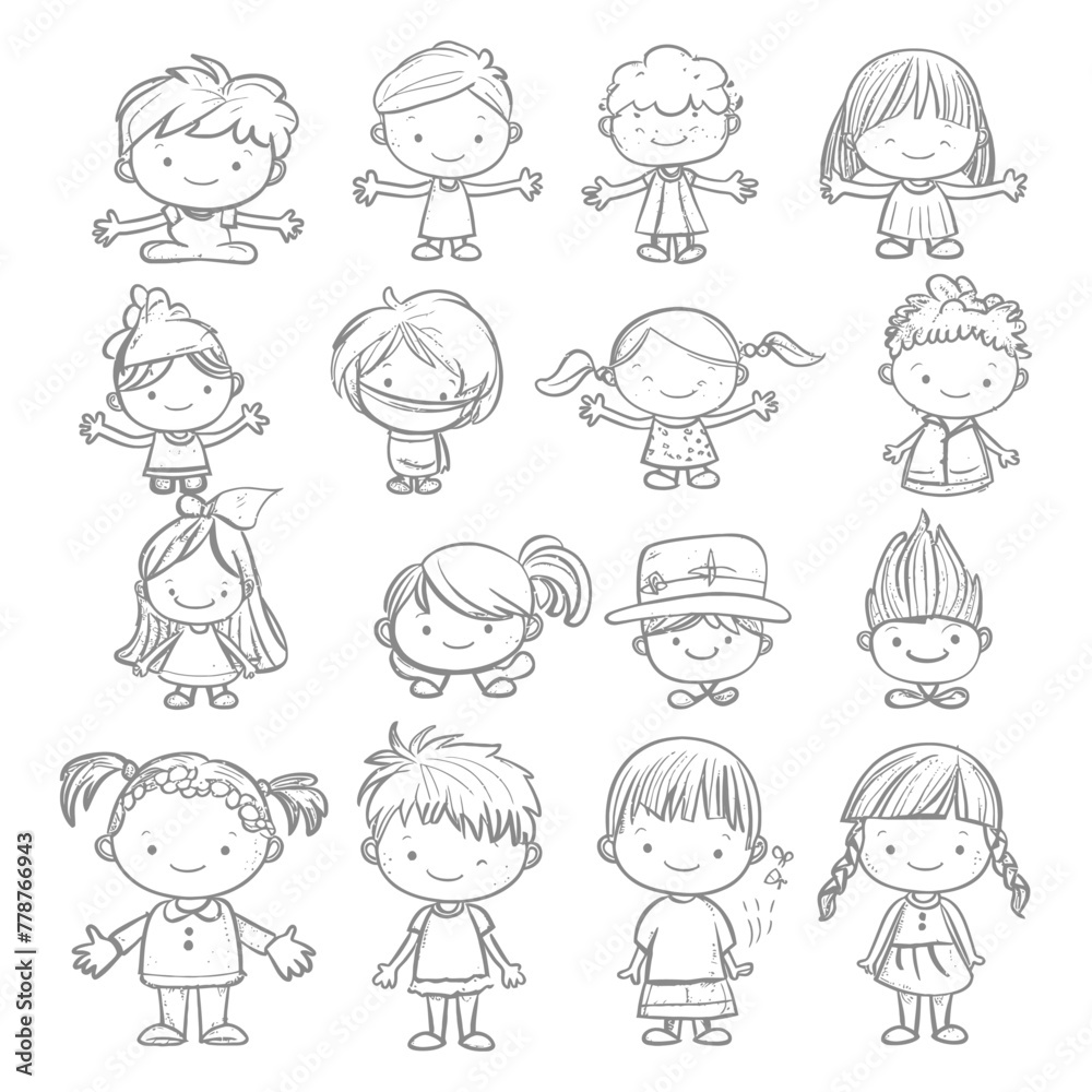 well hand drawing cute kids set doodle style illustration black color only well hand drawing cute kids set doodle style illustration black color only