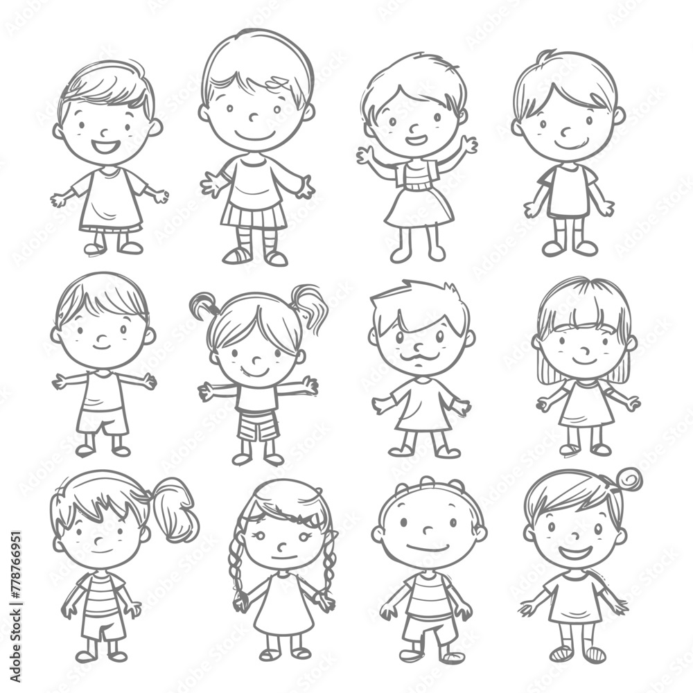 well hand drawing cute kids set doodle style illustration black color only well hand drawing cute kids set doodle style illustration black color only