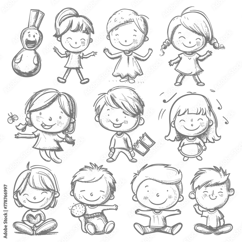 well hand drawing cute kids set doodle style illustration black color only well hand drawing cute kids set doodle style illustration black color only