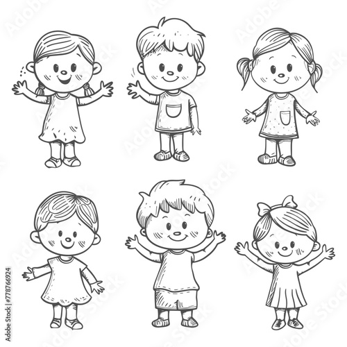 well hand drawing cute kids set doodle style illustration black color only
