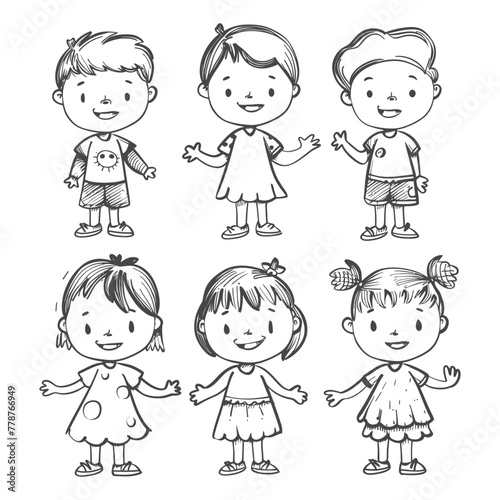 well hand drawing cute kids set doodle style illustration black color only