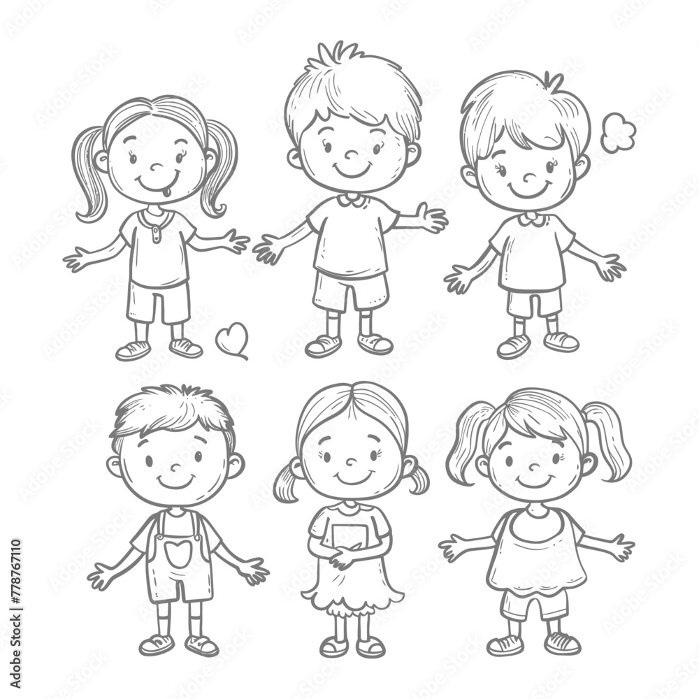 well hand drawing cute kids set doodle style illustration black color only