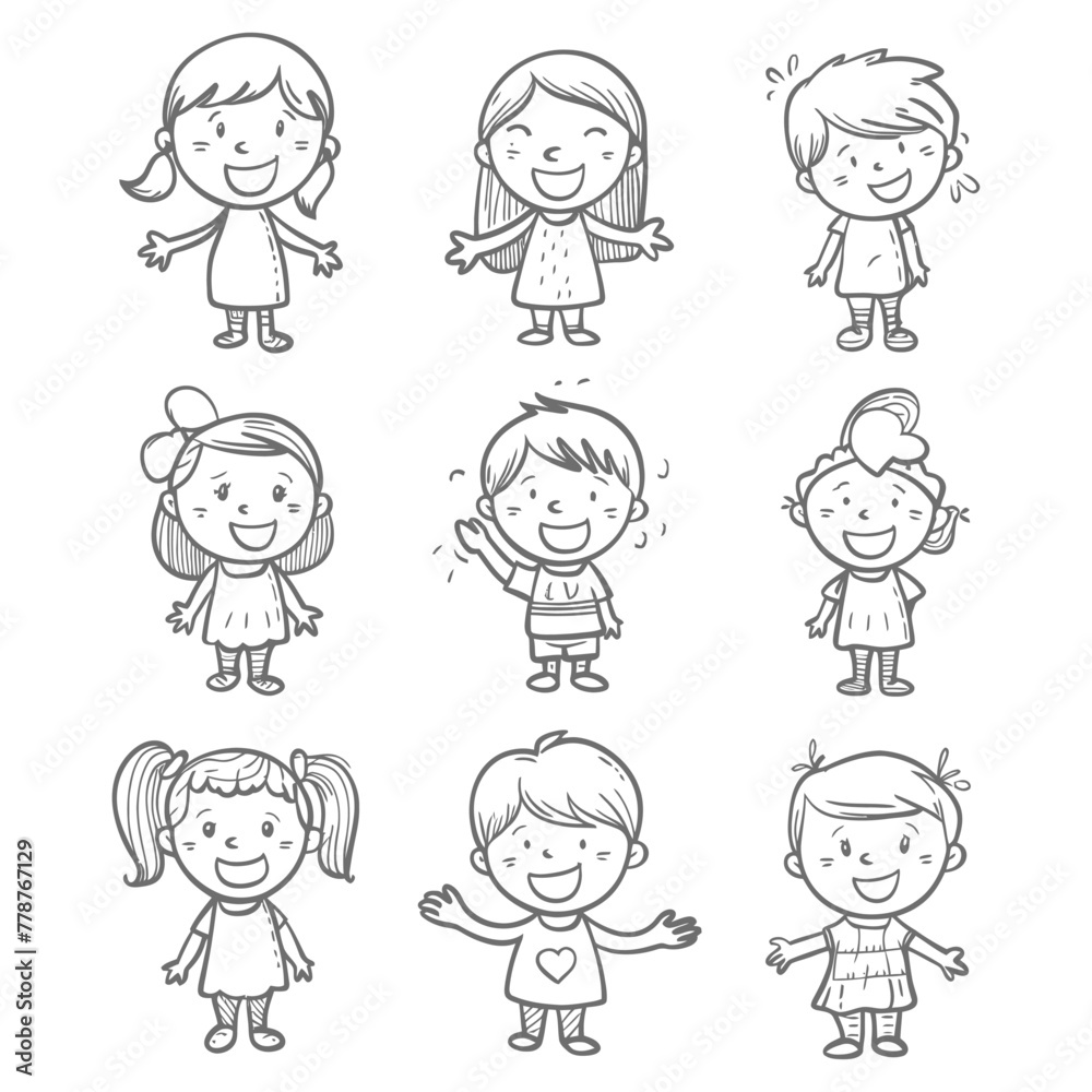 well hand drawing cute kids set doodle style illustration black color only