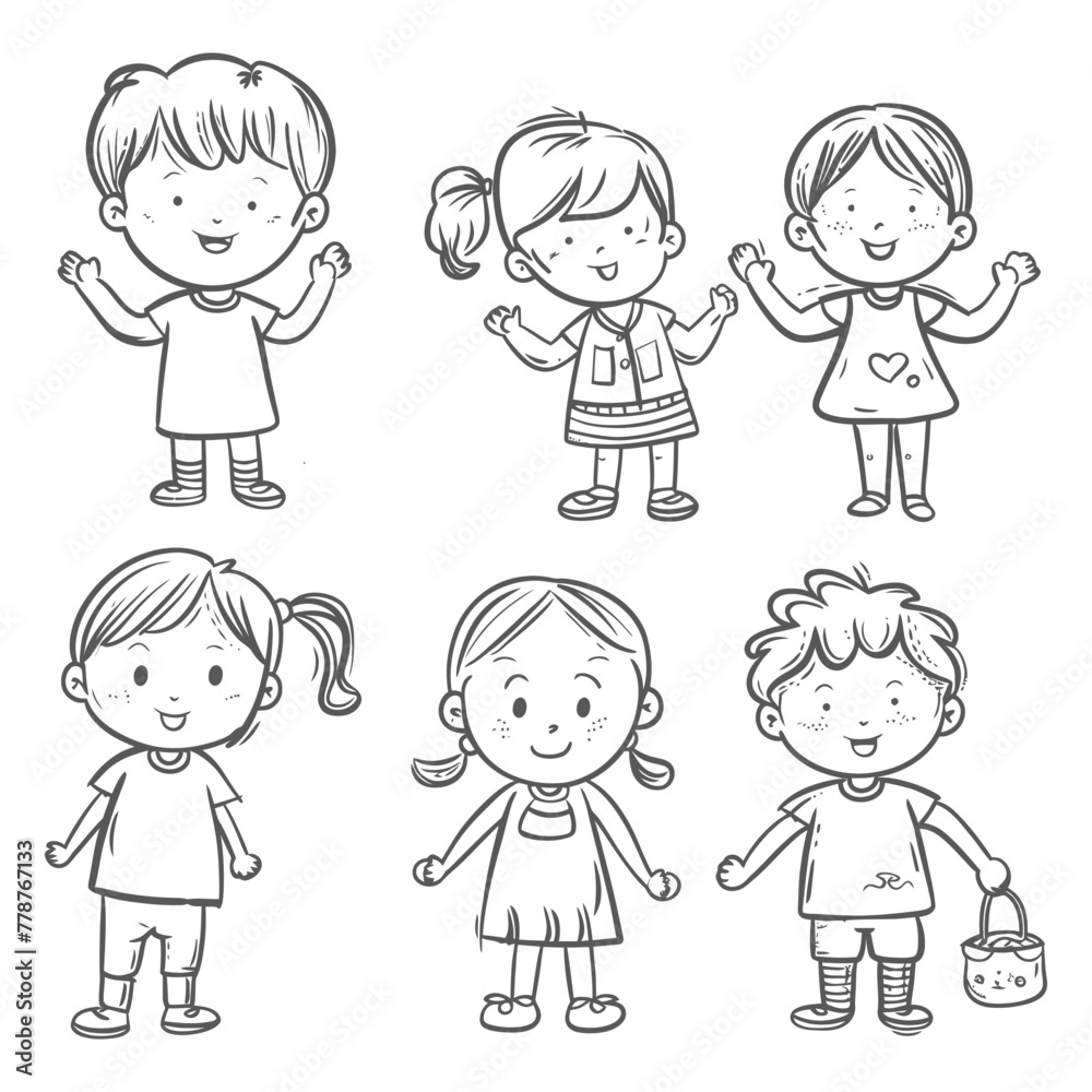 well hand drawing cute kids set doodle style illustration black color only well hand drawing cute kids set doodle style illustration black color only